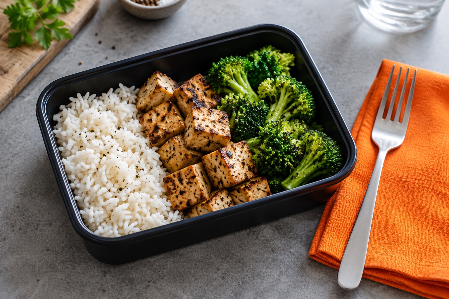 Madkasse med tofu, ris og broccoli ved en orange serviet